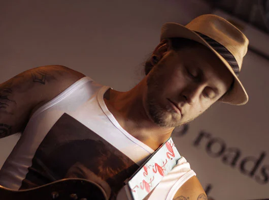 Close up of Mike Angeli (face only) playing at Two Roads Brewing in Stratford, CT